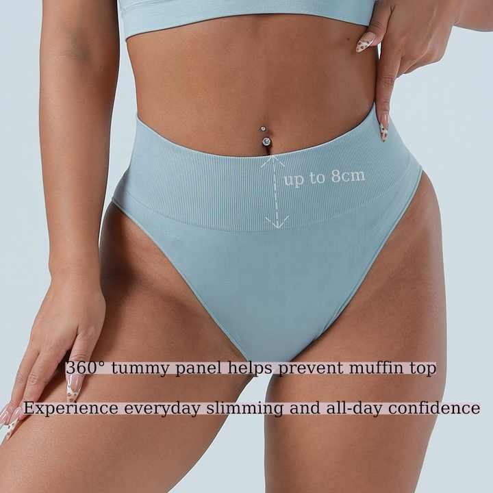 (Coffee+Blue+Grey)3 Pcs Size L Microfiber High-Waisted Thong Underwear with Tummy Control - Slimming Comfort 4