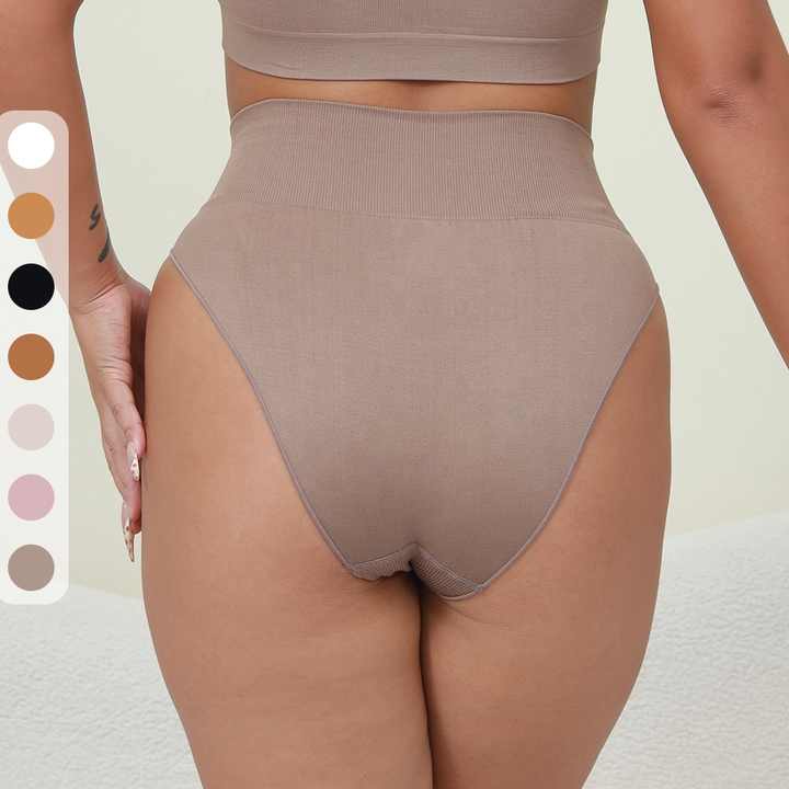 (Coffee+Blue+Grey)3 Pcs Size S Microfiber High-Waisted Thong Underwear with Tummy Control - Slimming Comfort 3