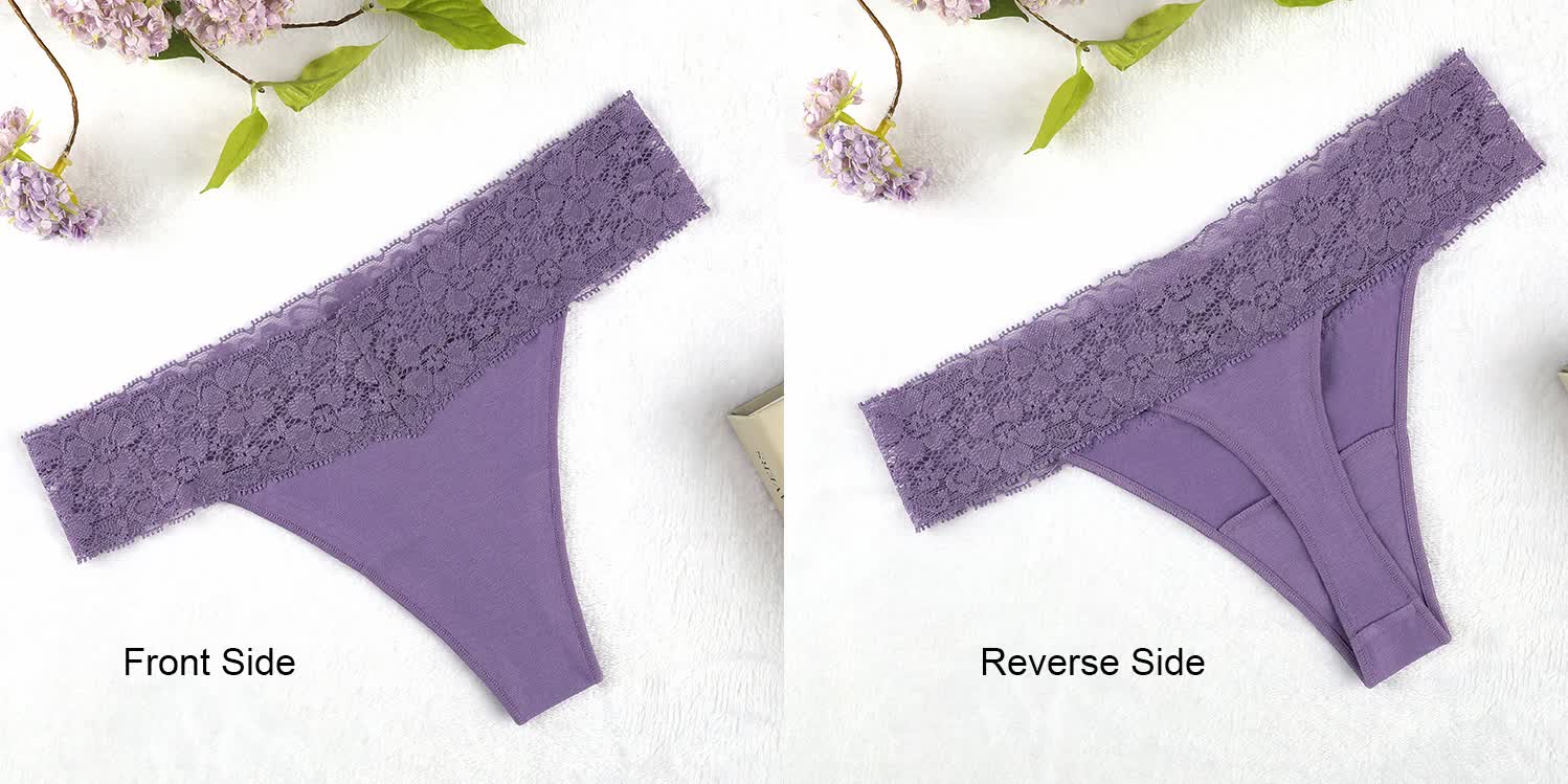 Size XL Lace-Trimmed Thong Underwear - 4-Pack in Whipster White,Sandstorm,Ecru Olive and Violet 5