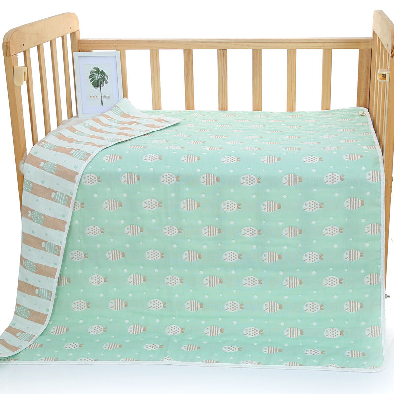 Green Fish, 6-Layer Muslin Baby Blanket - Soft Cotton Bedding for Infants and Toddlers, 110x110cm