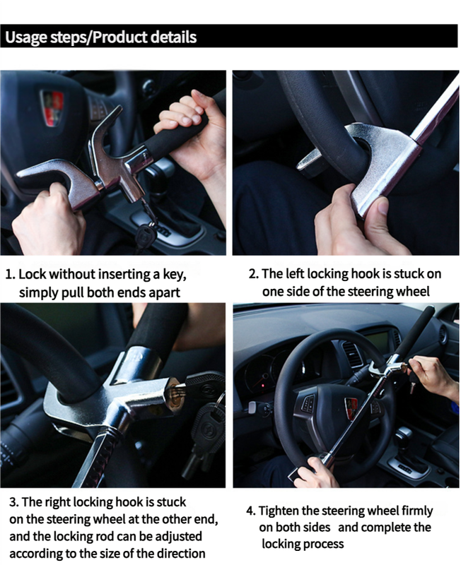Black Multifunctional Car Steering Wheel Lock - Adjustable and Telescopic Anti-theft & Window Breaker Safety Tool 5