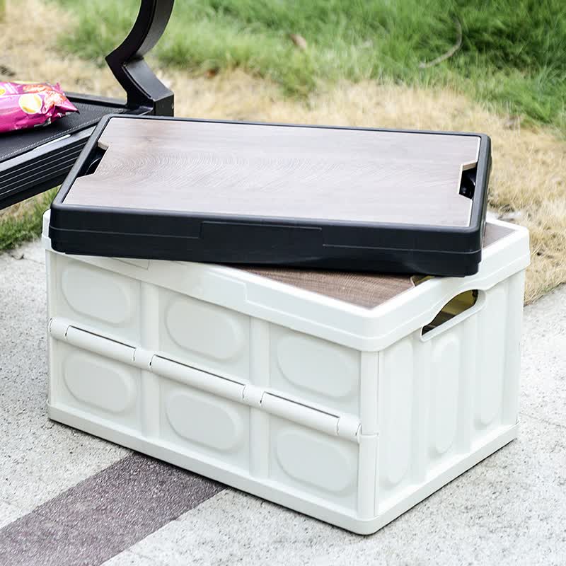 30L White Foldable Storage Box with Wooden Lid - Multifunctional Car Organizer, Outdoor Folding Storage Container 4
