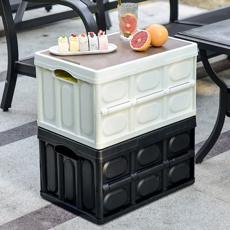 30L White Foldable Storage Box with Wooden Lid - Multifunctional Car Organizer, Outdoor Folding Storage Container 5