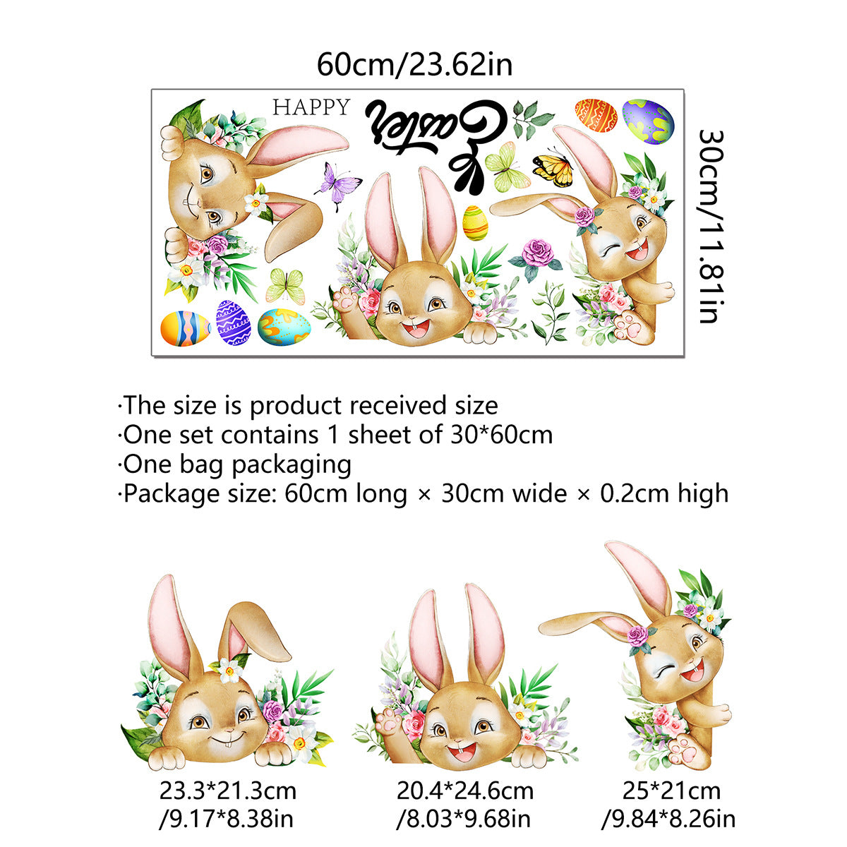 3 Sheet， Creative Easter Bunny & Egg Window Decal - Adhesive Wall Stickers for Living Room & Bedroom (60cm x 30cm) 4