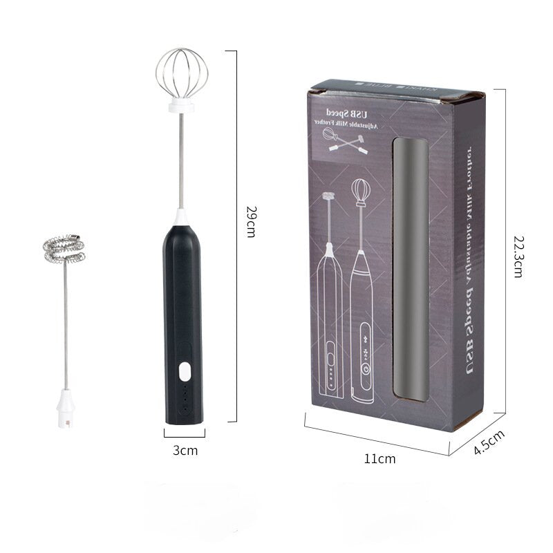 Black Electric Milk Frother Handheld - USB Rechargeable Milk Foamer with 2 Whisks - Perfect for Coffee, Lattes, Cappuccinos & More