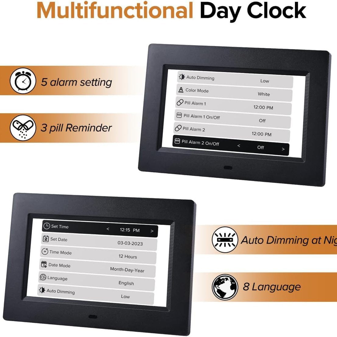 White Crystal Clear 7-Inch Digital Day Clock with Auto Dimming & Voice Assist - Perfect for Seniors 4