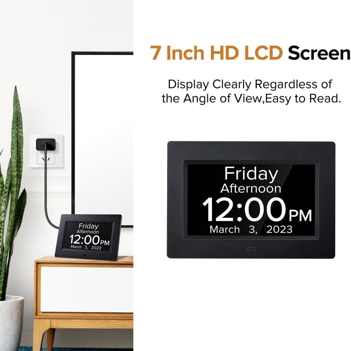 Black Crystal Clear 7-Inch Digital Day Clock with Auto Dimming & Voice Assist - Perfect for Seniors 4