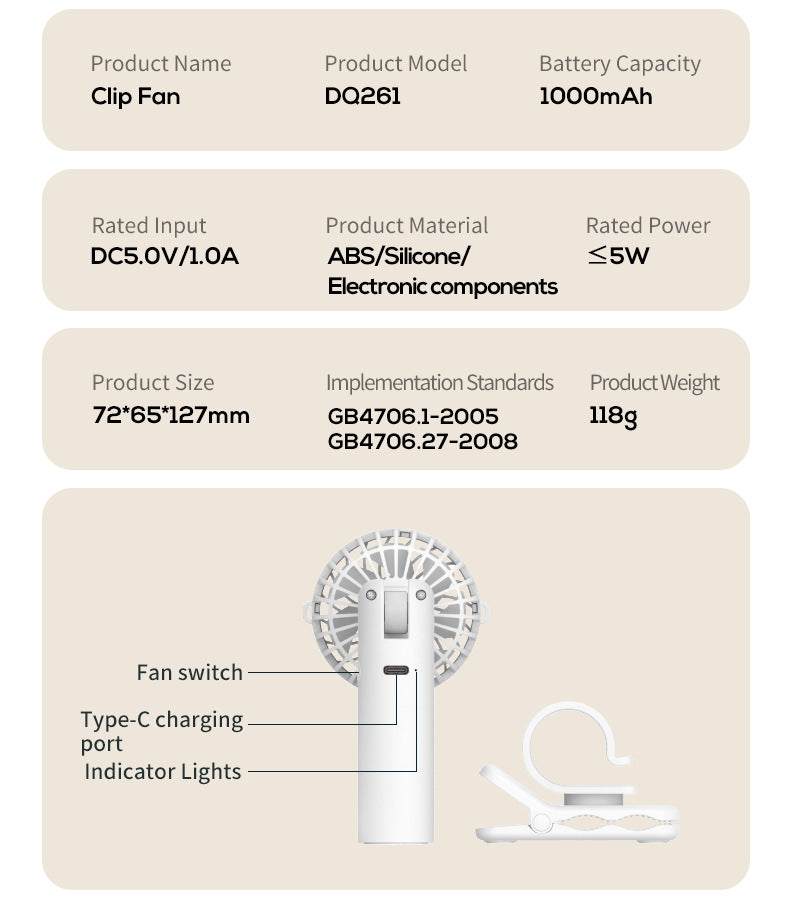 Apricot Portable Multifunctional Clip Fan DQ261 - 1000mAh Battery, 3-Speed, Quiet Cooling for Summer 6