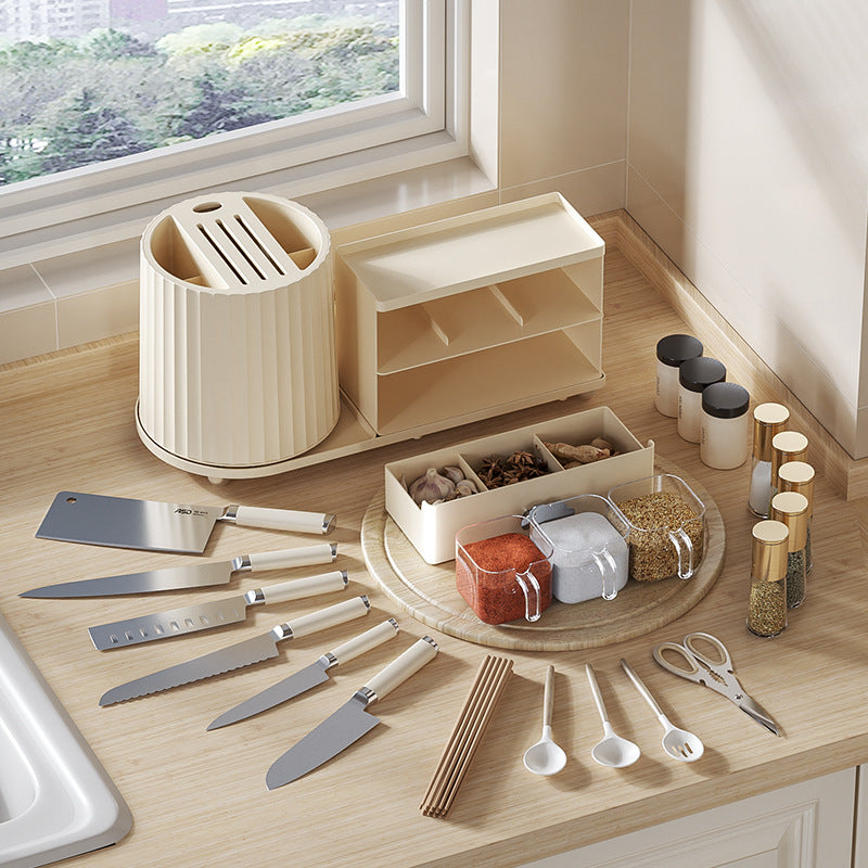 All-in-One Kitchen Countertop Organizer | Rotating Utensil Holder, Knife Block & Spice Rack with Drawer | Cream White 5