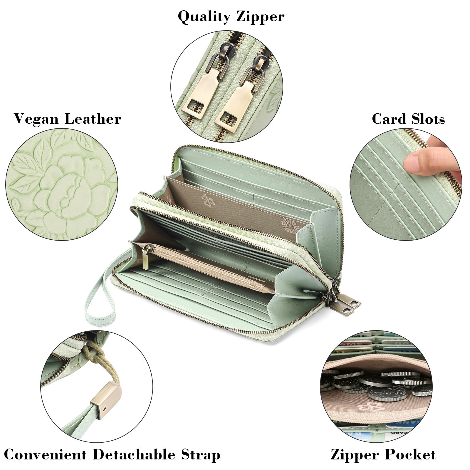 Women's Large Capacity Double Zip Wallet Clutch | PU Leather Floral Embossed Wristlet | Phone Holder with 24 Card Slots - Green 4