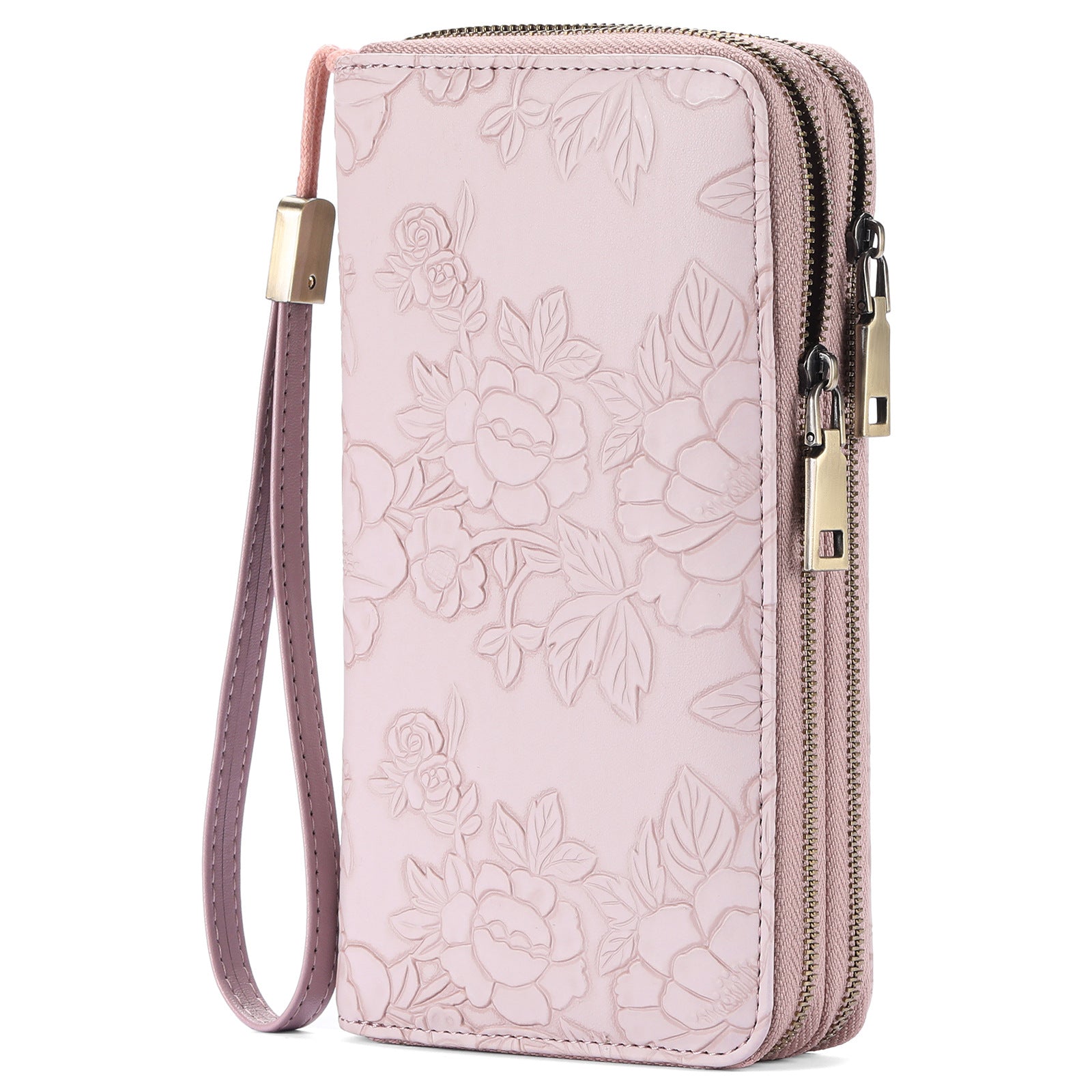 Women's Large Capacity Double Zip Wallet Clutch | PU Leather Floral Embossed Wristlet | Phone Holder with 24 Card Slots - Purple