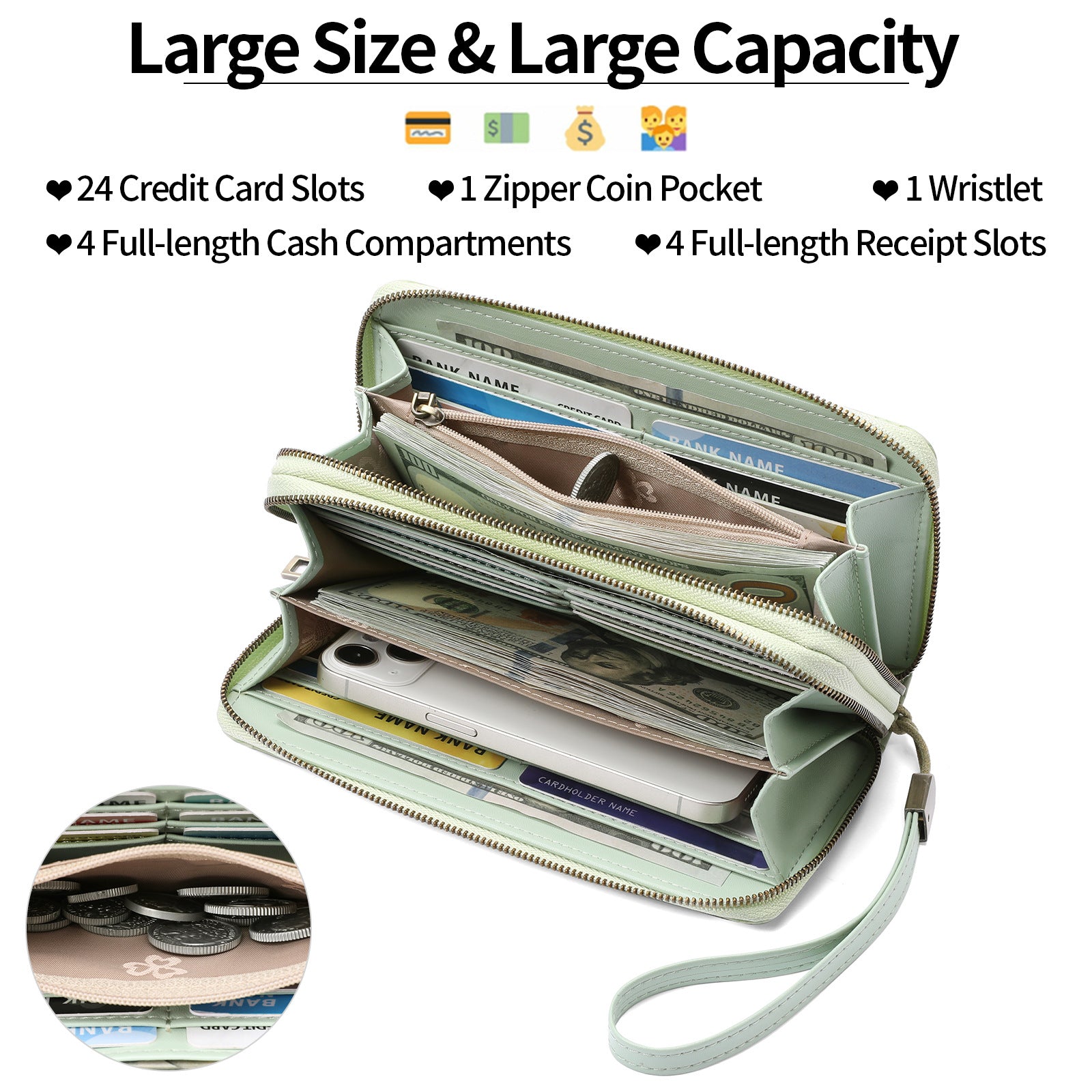 Women's Large Capacity Double Zip Wallet Clutch | PU Leather Floral Embossed Wristlet | Phone Holder with 24 Card Slots - Blue 3