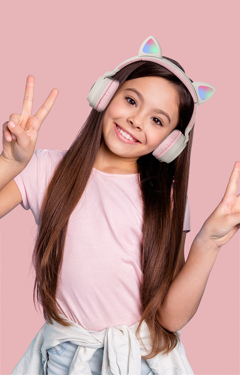 Adorable Cat Ear Wireless Headphones - Bluetooth 5.0, Foldable Design, Glowing RGB LED Lights - Cute Grey  Headset 5