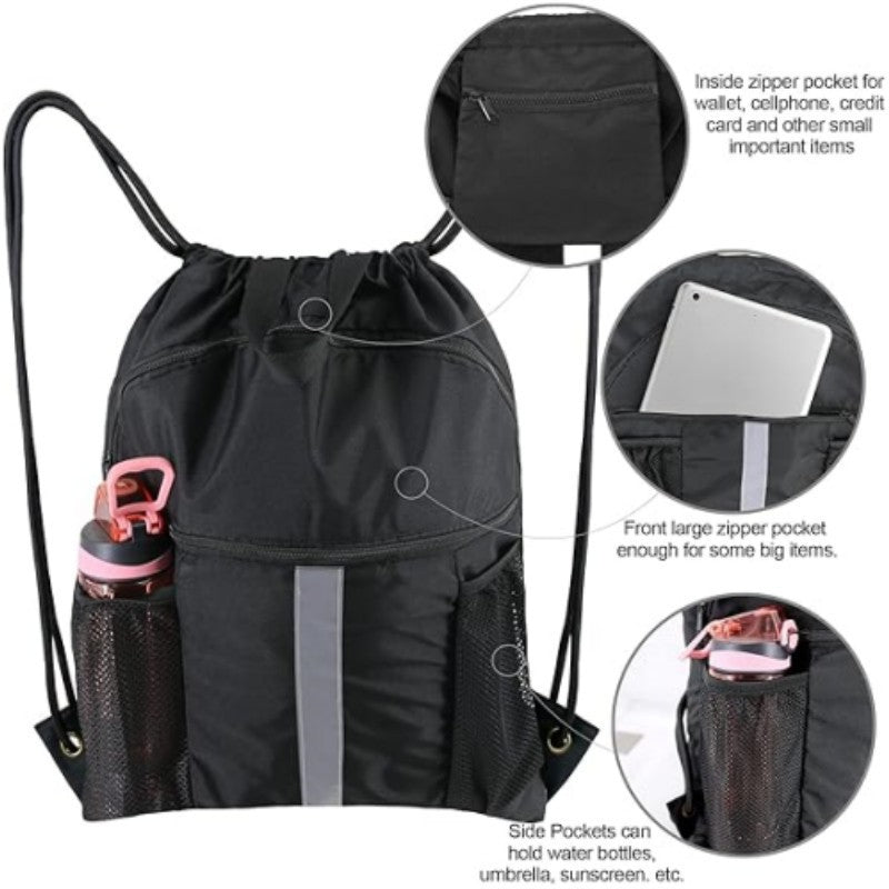 Black Multi-Pocket Drawstring Backpack Gym Bag with Zipper Compartments, Bottle Holders & Reflective Strip 3
