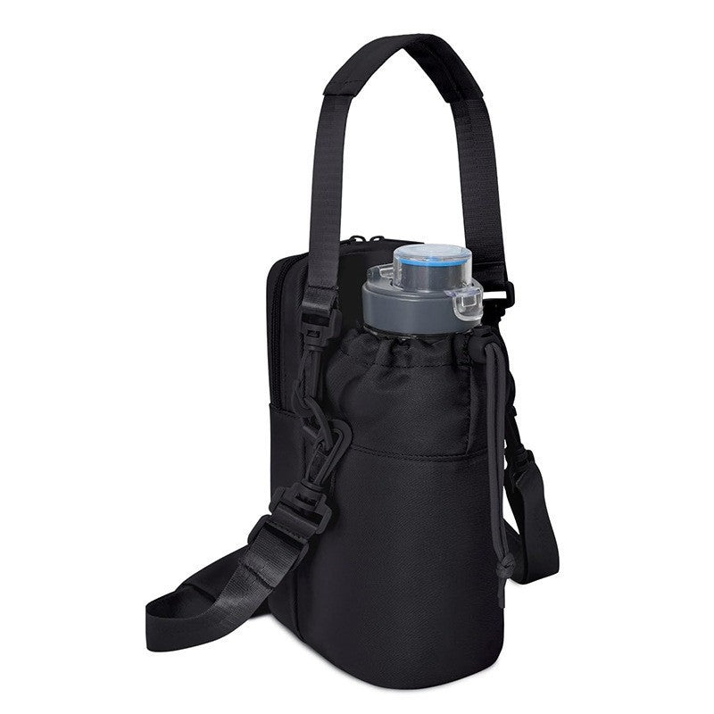 Black Stylish Water Bottle Carrier Bag with Phone Pocket, Key Clip & Adjustable Strap - Crossbody Sling Holder