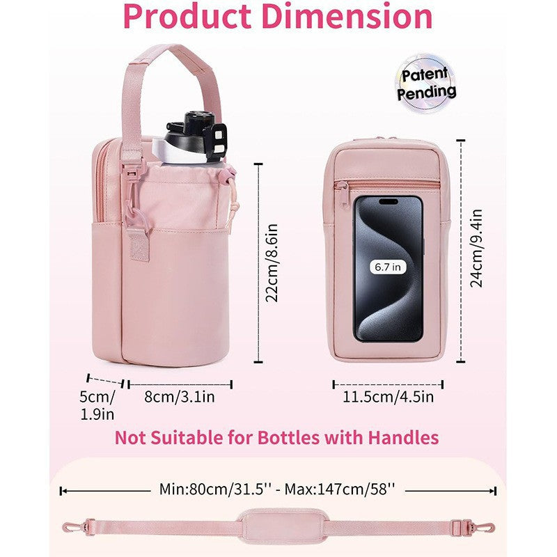 Black Stylish Water Bottle Carrier Bag with Phone Pocket, Key Clip & Adjustable Strap - Crossbody Sling Holder