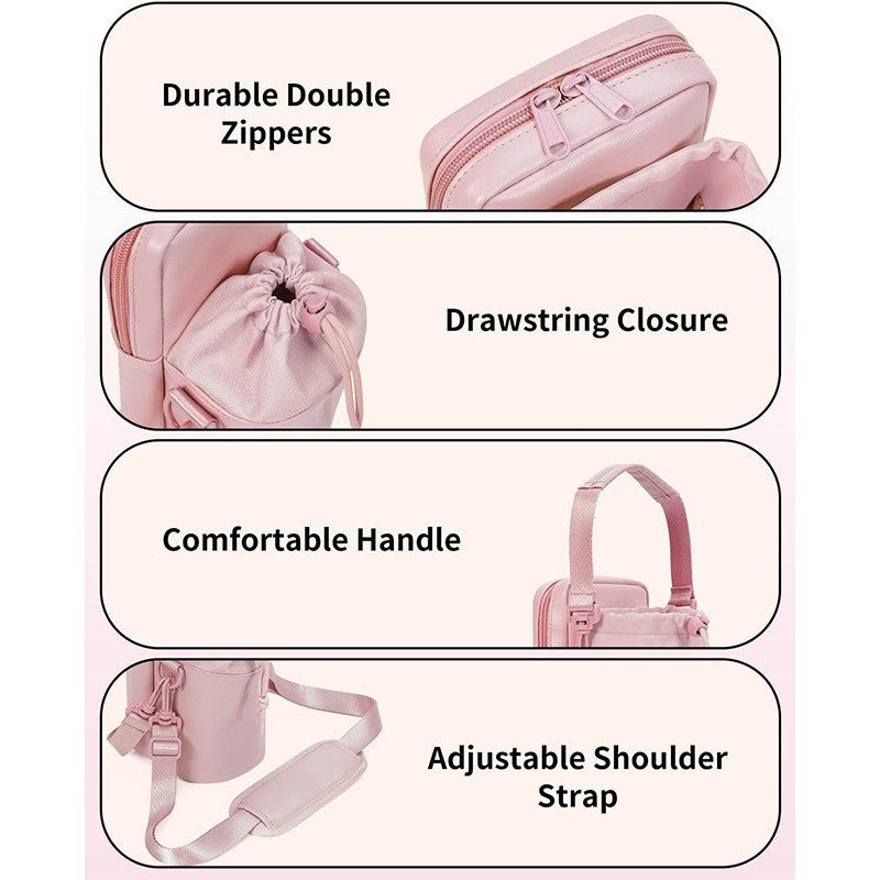 Pink Stylish Water Bottle Carrier Bag with Phone Pocket, Key Clip & Adjustable Strap - Crossbody Sling Holder 4