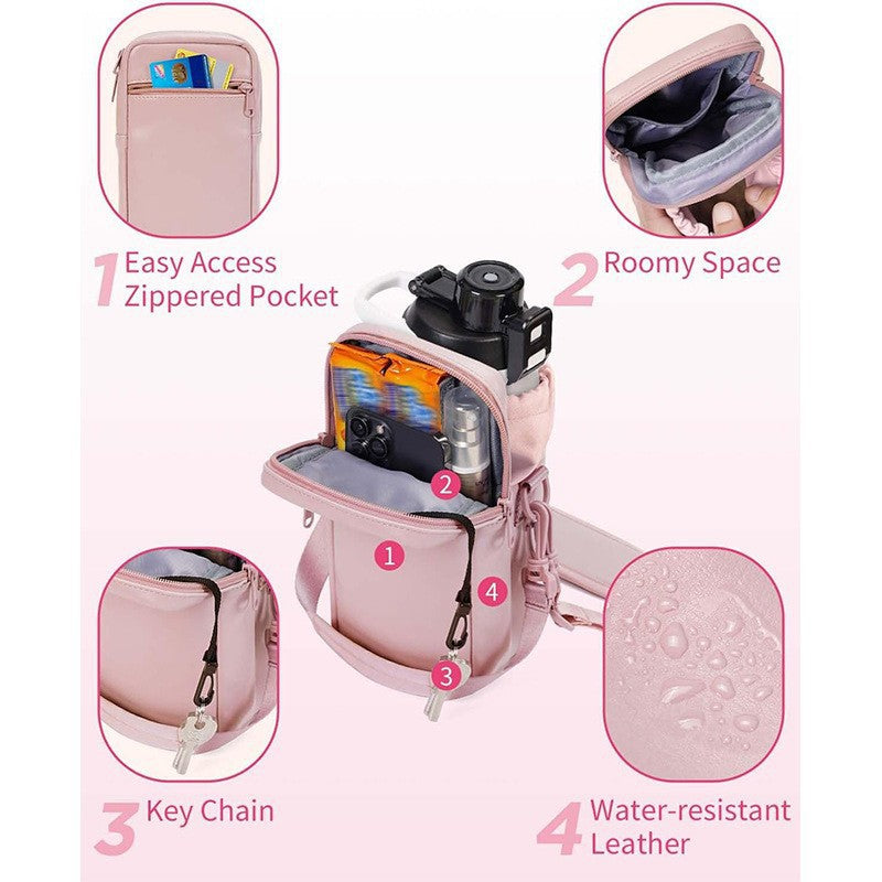 Beige Stylish Water Bottle Carrier Bag with Phone Pocket, Key Clip & Adjustable Strap - Crossbody Sling Holder 3