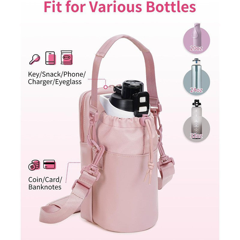 Beige Stylish Water Bottle Carrier Bag with Phone Pocket, Key Clip & Adjustable Strap - Crossbody Sling Holder 5