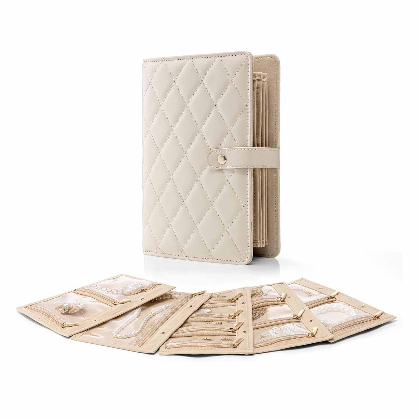 White Elegant Quilted Travel Jewelry Organizer Binder - Portable Loose-Leaf Storage Book with Clear Zipper Pockets for Earrings, Necklaces, Rings