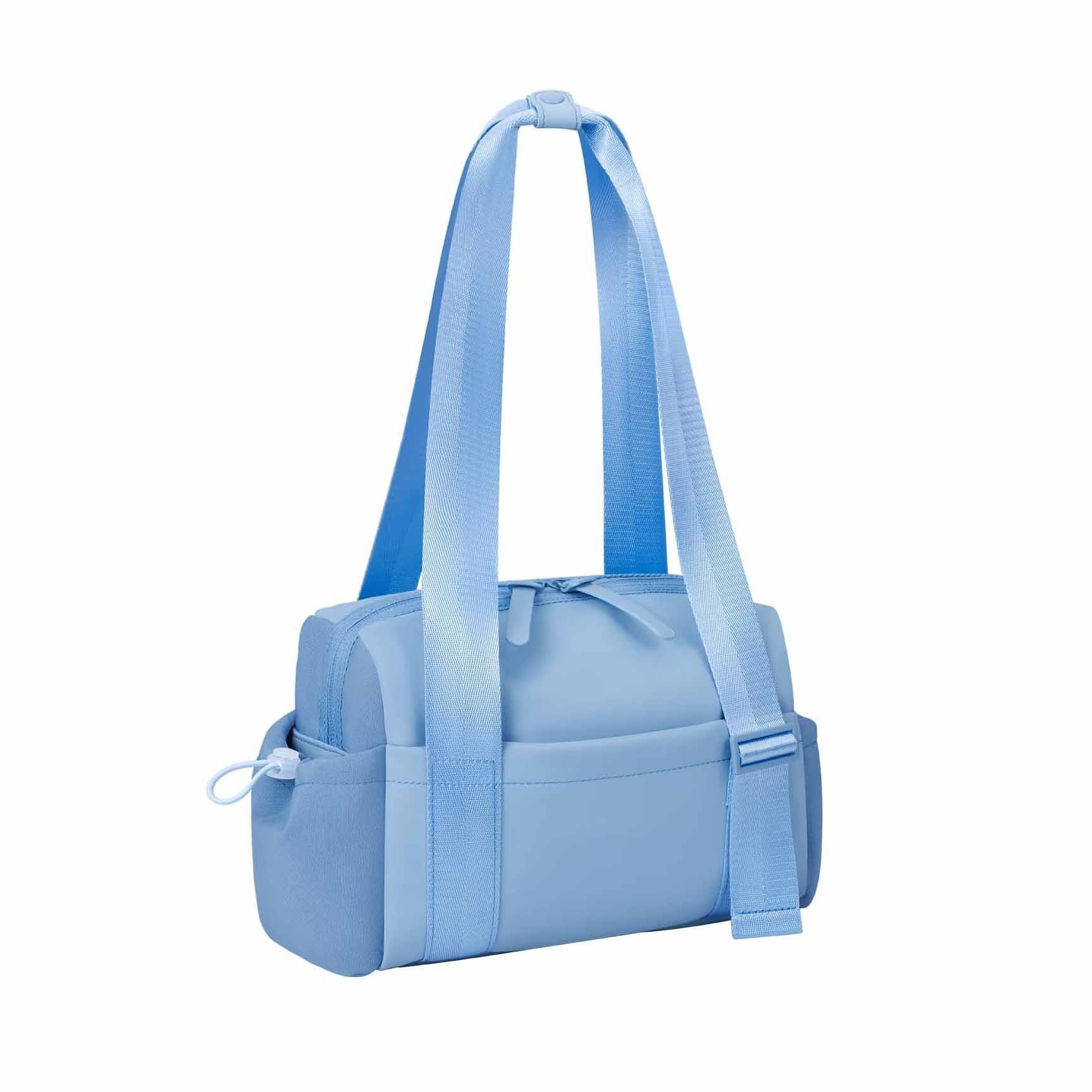Stylish Blue Mini Gym Bag & Travel Tote - Compact Duffel with Wet Pocket, Luggage Sleeve & Multiple Compartments