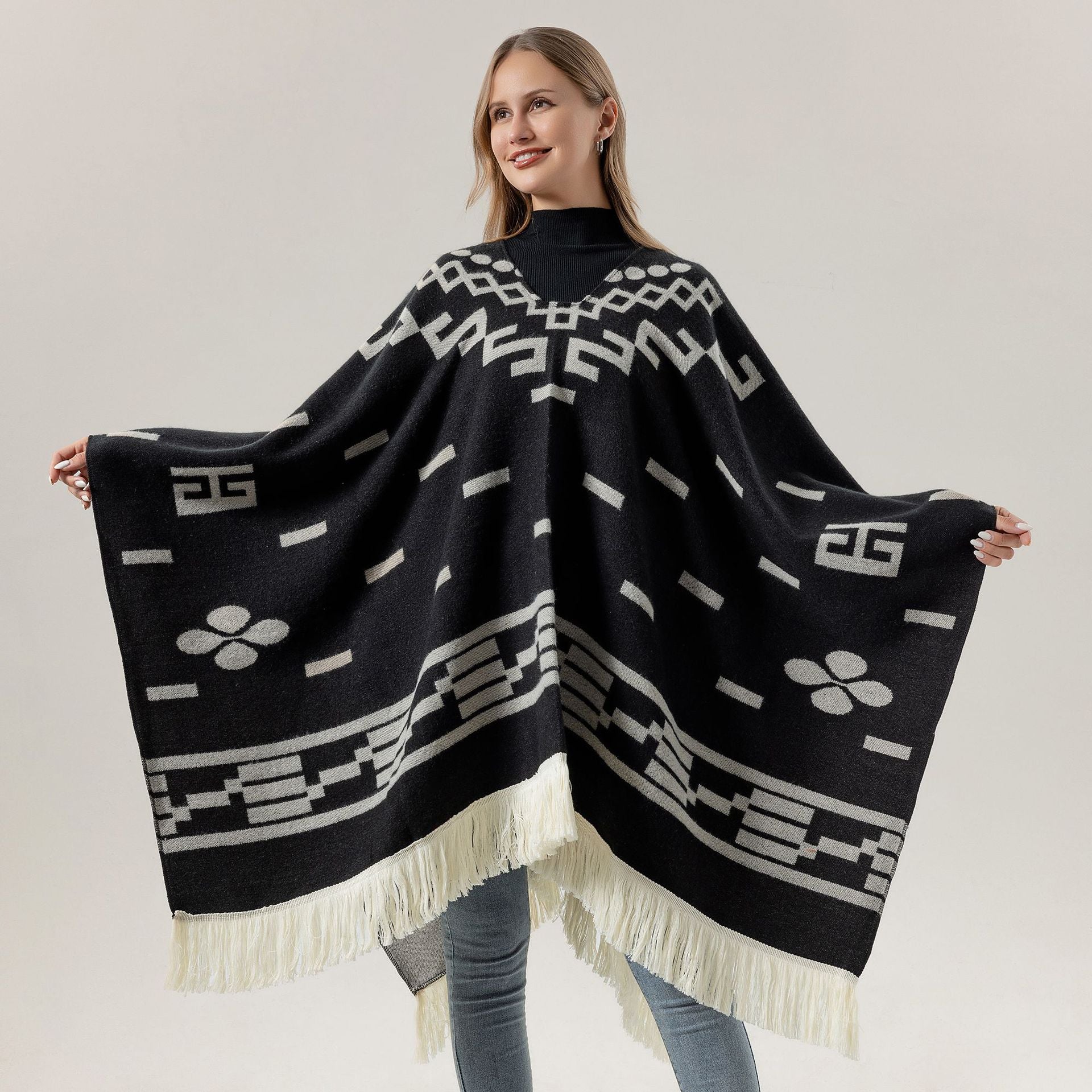 Red Women's Versatile Faux Cashmere Poncho Cape Shawl with Geometric Pattern & Fringe Trim - One Size 5