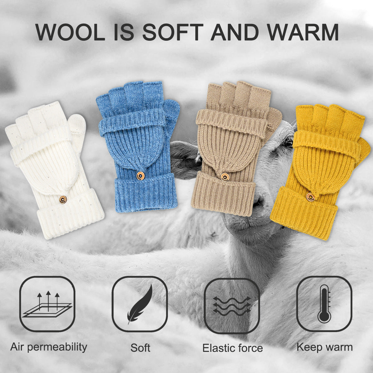 Yellow Winter Convertible Mittens - Warm Knitted 2-in-1 Fingerless Gloves with Flip Top Cover for Cold Weather 6