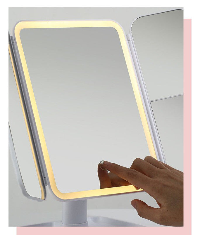 Elegant Tri-Fold Shell LED Vanity Mirror - Smart Makeup Gift with Storage & Illumination 7