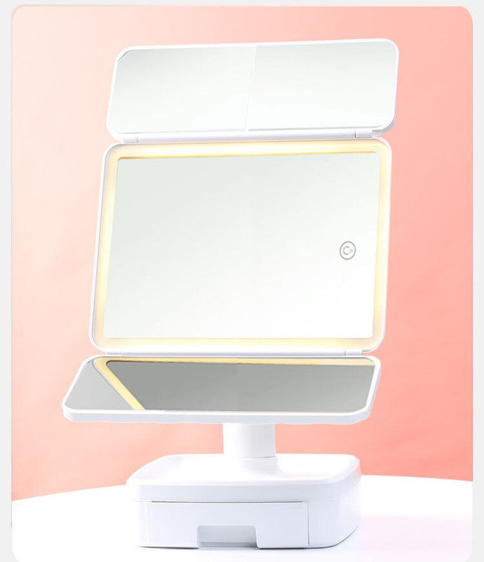 Elegant Tri-Fold Shell LED Vanity Mirror - Smart Makeup Gift with Storage & Illumination 8