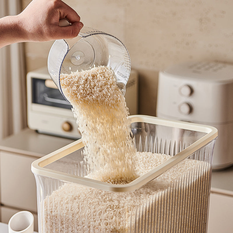 Transparent Cream White Smart Kitchen Rice Dispenser - Automatic Press-Style Rice Storage Bin 3