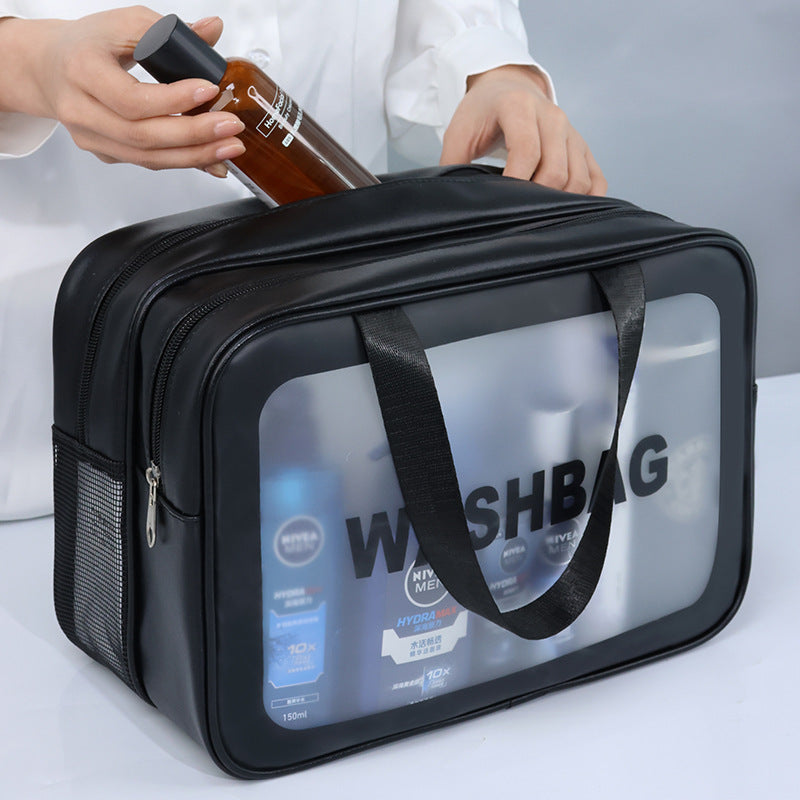 2PCS Dual-Layer Transparent PU Cosmetic Pouch - Wet and Dry Separation, Large size(31*15*20cm)- Black 5