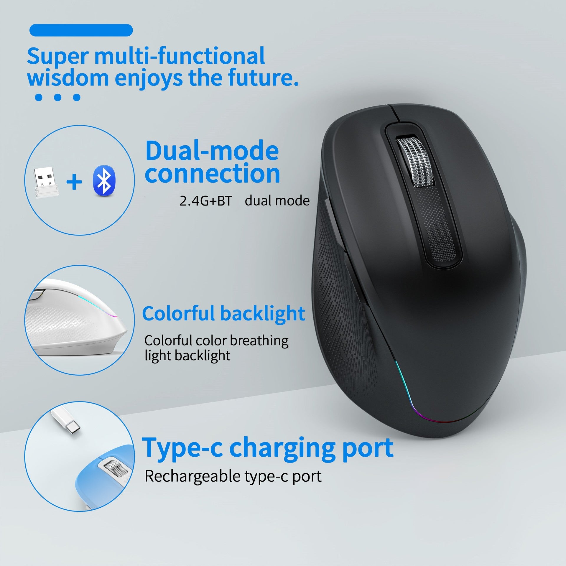 Ergonomic 2.4G Wireless & Bluetooth Dual Mode RGB Backlit Mouse with Type-C Charging - Silent Click for Laptop PC 3