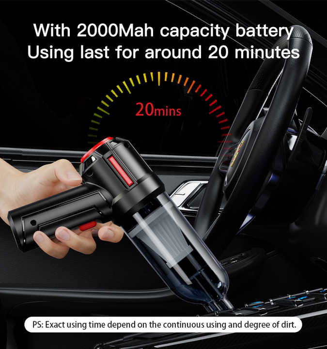 Black 3-in-1 Car Vacuum Cleaner with Blowing, Suction, and Dust Extraction - 2 x 2000mAh Rechargeable Batteries, Includes Floor Brush and Car Charger 3