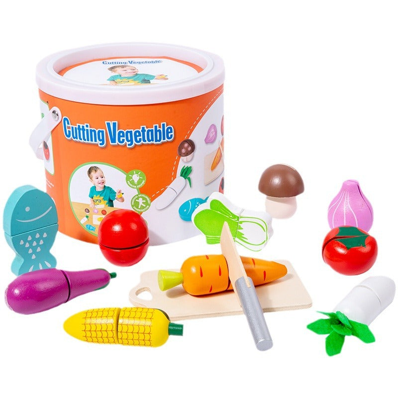 Kids Wooden Vegetable Cutting Toy Set - 18x15cm, Includes Knife, Fish, Carrot, Tomato & More 3