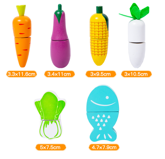 Kids Wooden Vegetable Cutting Toy Set - 18x15cm, Includes Knife, Fish, Carrot, Tomato & More 6