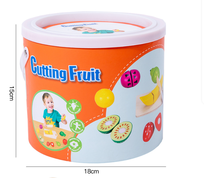 Kids Wooden Fruit Cutting Toy Set - 8 Fruits, Knife, and Cutting Board, 18x15cm Storage Container 3