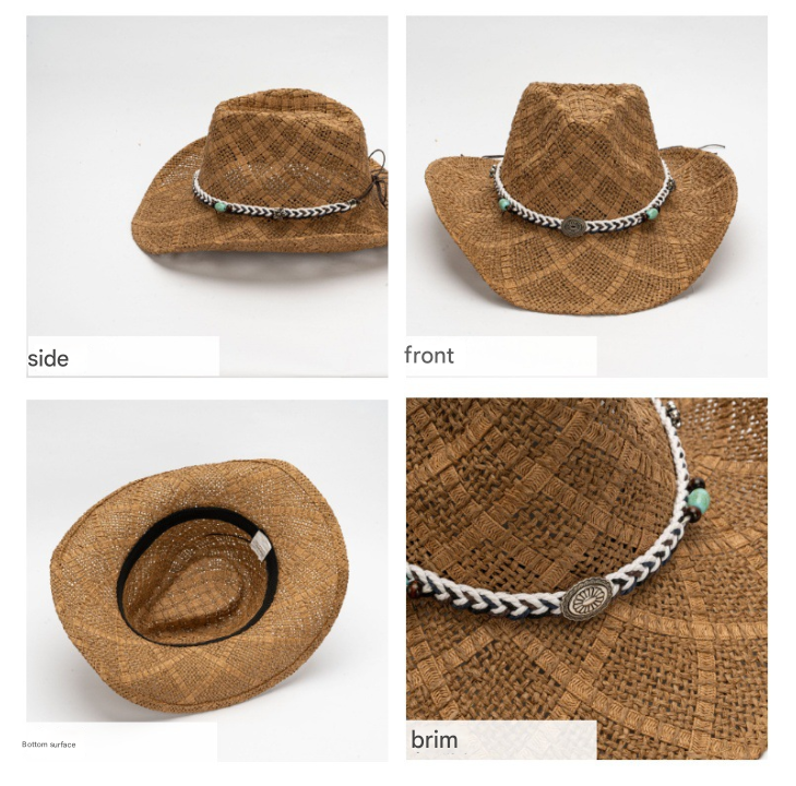 White Handmade Straw Cowboy Hat, Summer Sun Hat, Outdoor Sun Protection, Fits Head Size 58-59cm 3