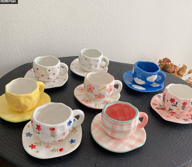 Yellow Tulip 300ML Underglaze Hand-Pinched Cup and Saucer Set - Ceramic Coffee Mug Milk Cup Breakfast Set 3
