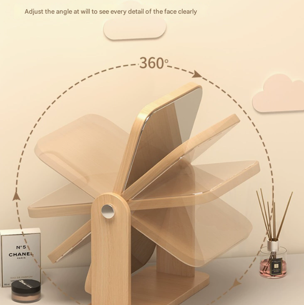 Round Folding Mirror Tabletop Makeup Mirror - Large Wooden Swivel Vanity Mirror for Desk 3