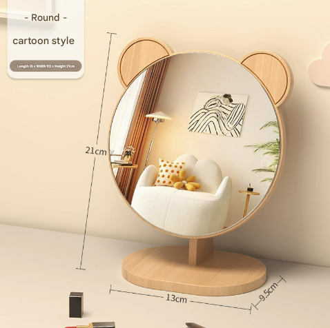 Cartoon Bear Ear Glasses Tabletop Makeup Mirror - Large Wooden Swivel Vanity Mirror for Desk
