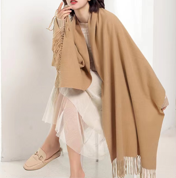 Purple 2 PCS Skin Red Solid Color Scarf Shawl with Tassels - Warm Korean Style Wrap (180cm x 70cm)