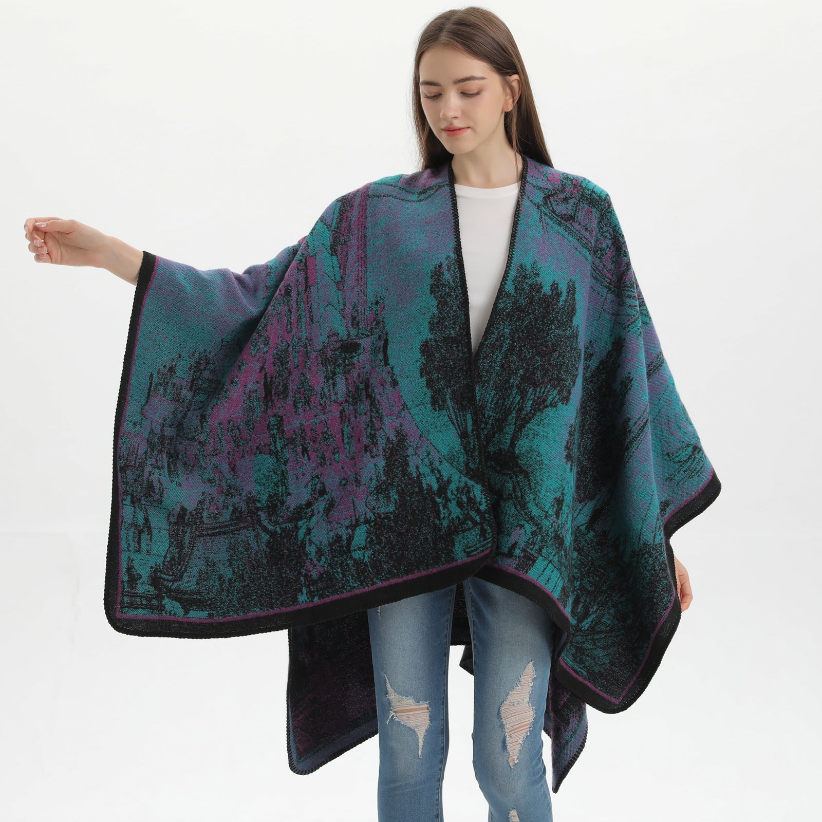 Windy Cross Black and White Elegant Autumn Winter Shawl - Artistic Split-Design Knit Cloak with Oil Painting Style 3