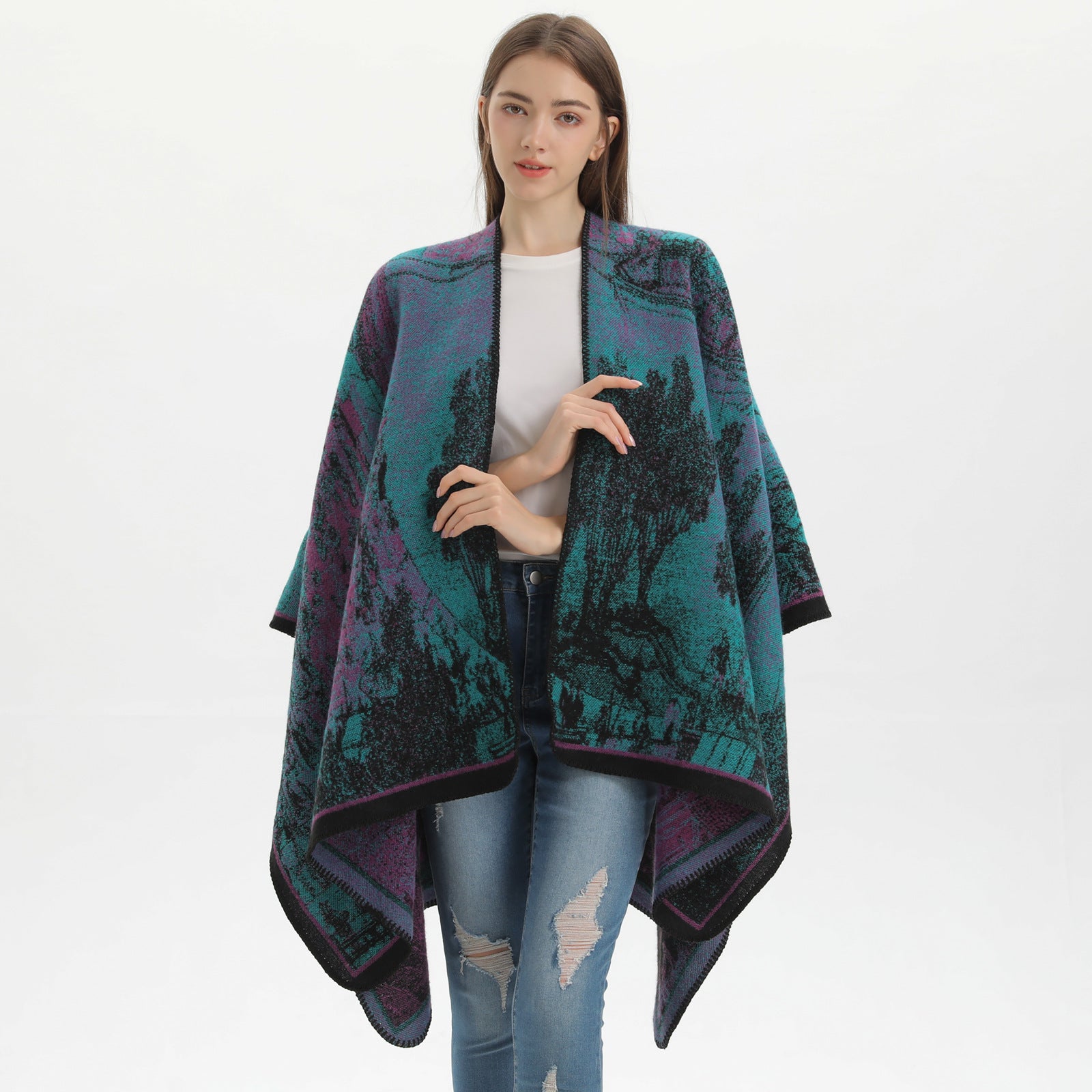 Barbara Orange Elegant Autumn Winter Shawl - Artistic Split-Design Knit Cloak with Oil Painting Style