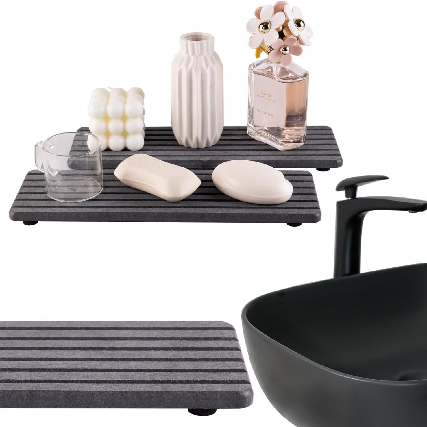 Upper And Lower Slots Dark Grey 2-Piece Rectangular Diatomaceous Earth Coaster Set - Absorbent Grooved Mat for Sink and Bathroom 4