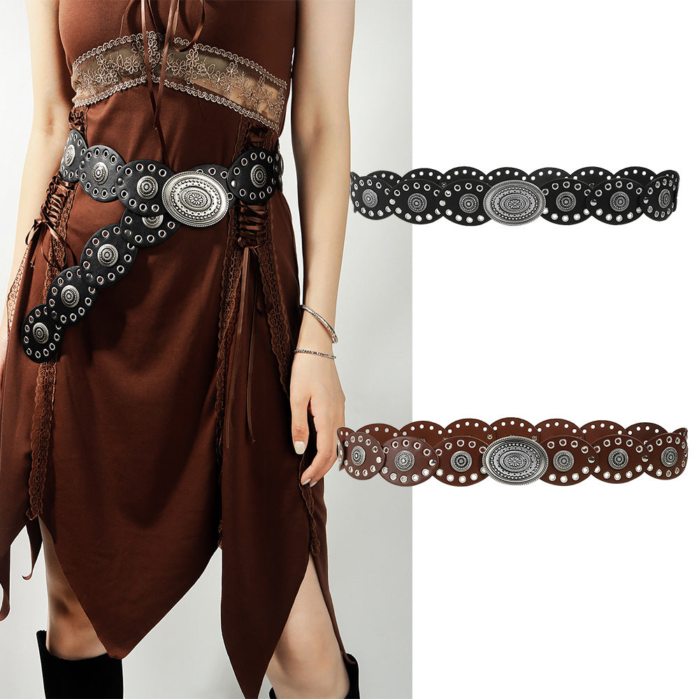 Black Vintage Western Post-Apocalyptic Women’s Waist Belt with Eyelet Oval Carvings