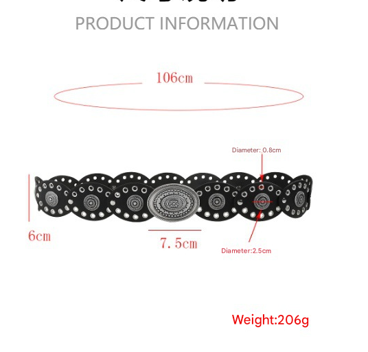 Black Vintage Western Post-Apocalyptic Women’s Waist Belt with Eyelet Oval Carvings 3