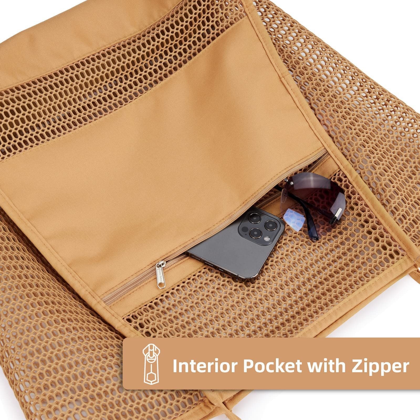 Brown Double Layer Mesh Beach Bag - Large Capacity 5