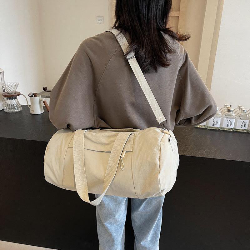 Beige Candy-Colored Women's Gym Duffel Bag - Large Capacity Cylindrical Travel Tote with Handles 3