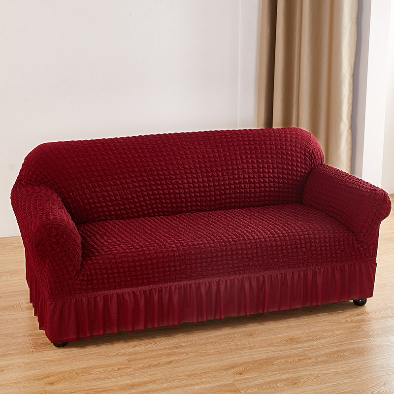 Wine-red Double Sofa Bubble Gauze Sofa Cover with Skirt - Full Elastic Dustproof Double Seater 145-185cm