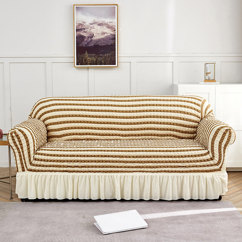 Beige-coffee Three-person Sofa Bubble Gauze Sofa Cover with Skirt - Full Elastic Dustproof Three-person Seater 190-230cm